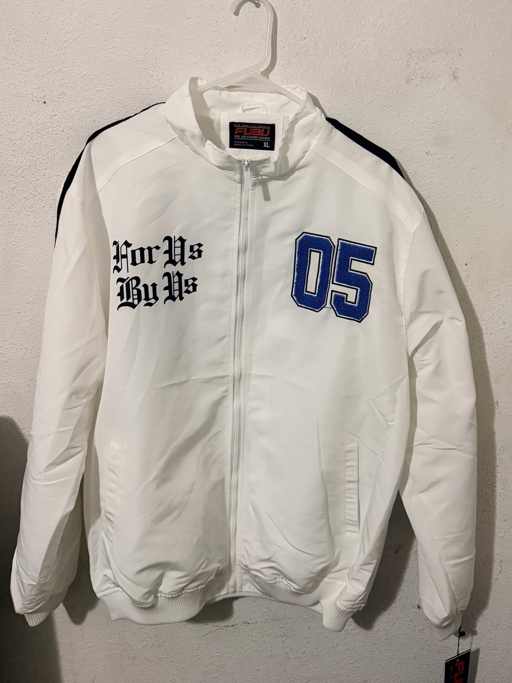 FUBU White Zip Bomber Jacket with Blue '05' Patch